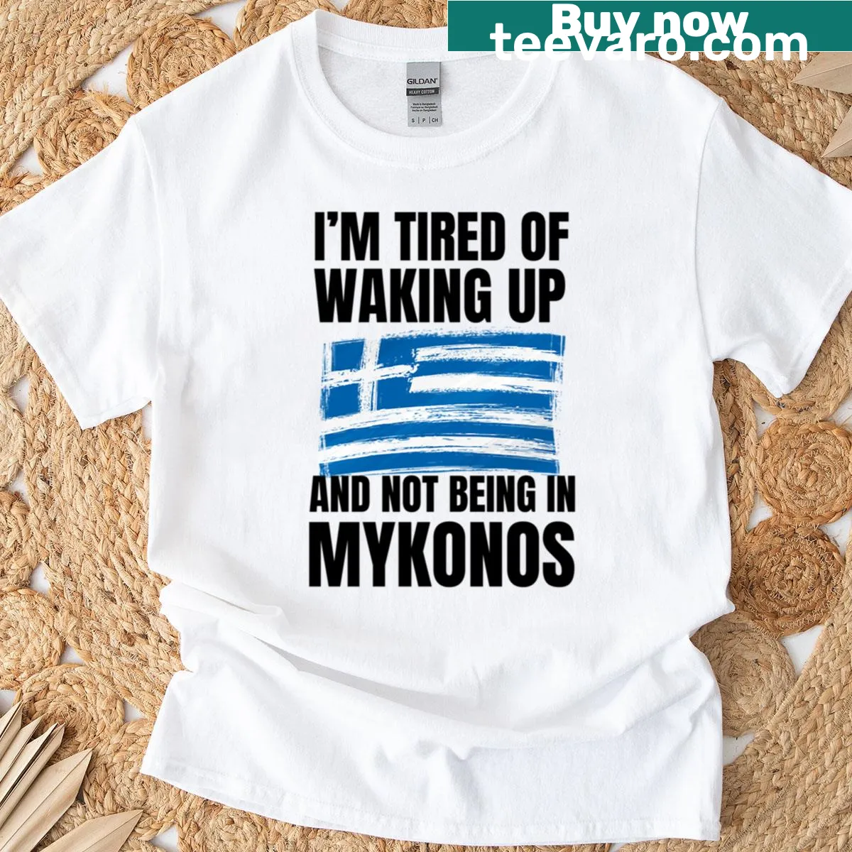 Funny travel-themed t-shirt expressing desire for Mykonos — on a men's t-shirt