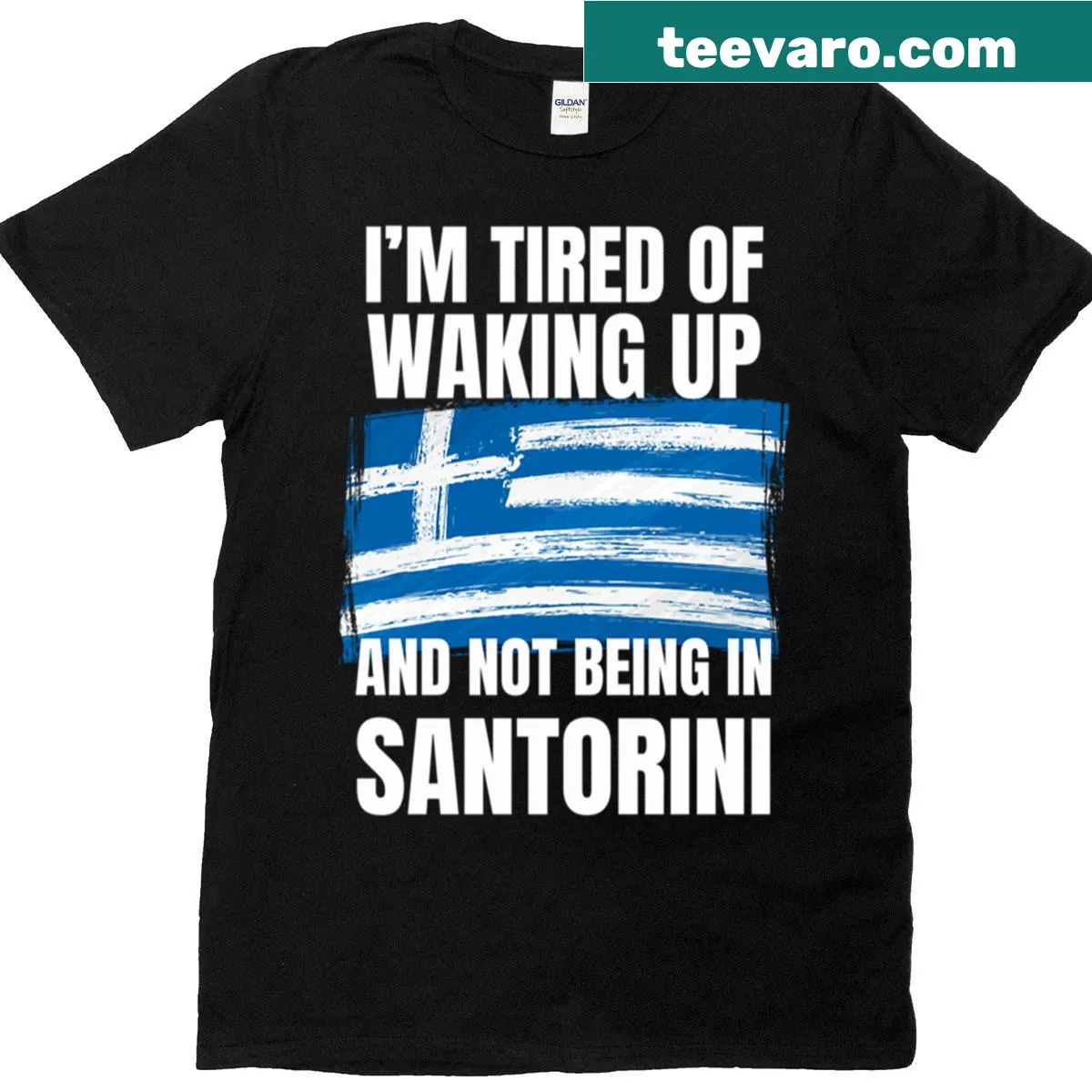 T-shirt with a playful slogan about wanting to be in Santorini — on a men's t-shirt