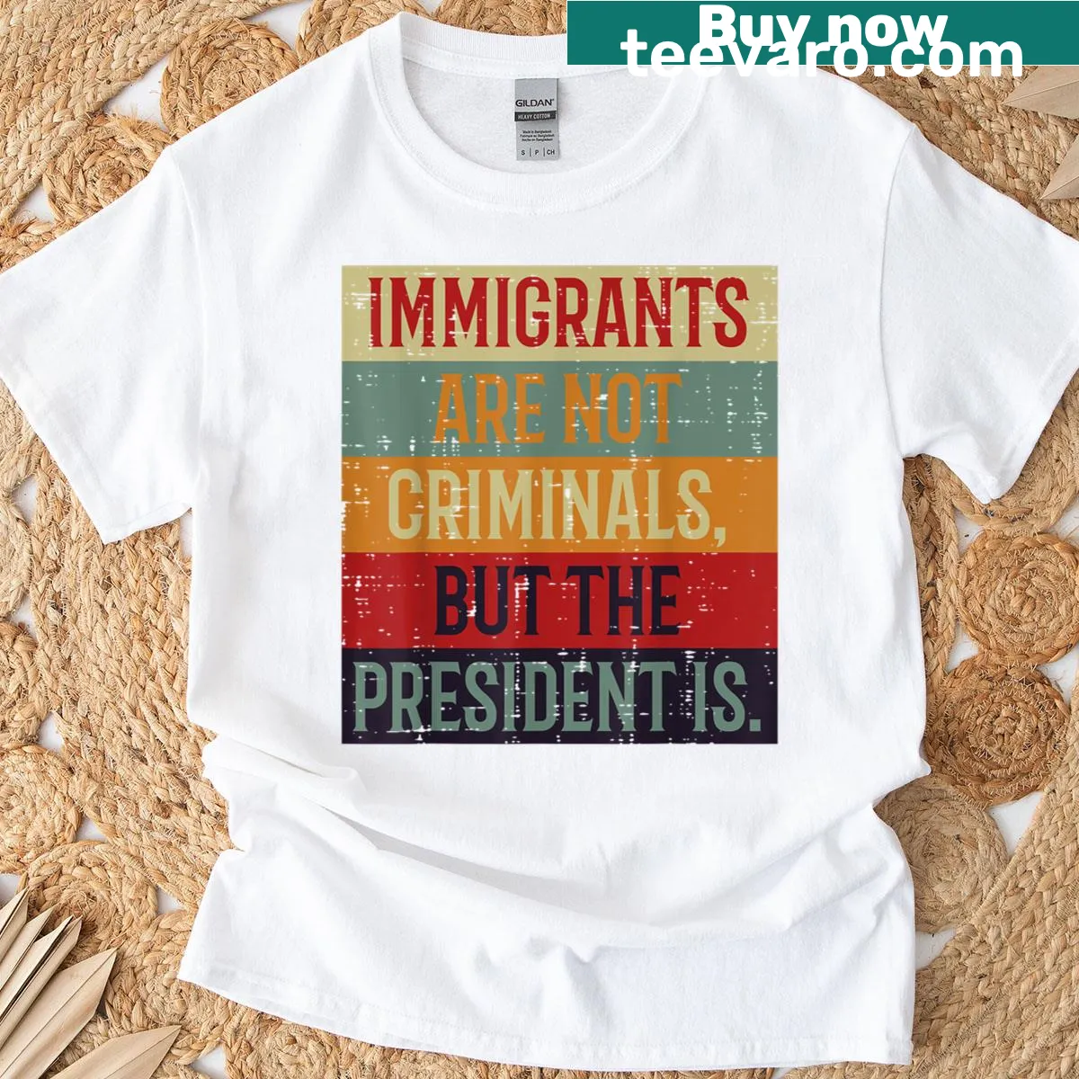 Typographic t-shirt promoting immigrant rights with retro design — on a men's t-shirt