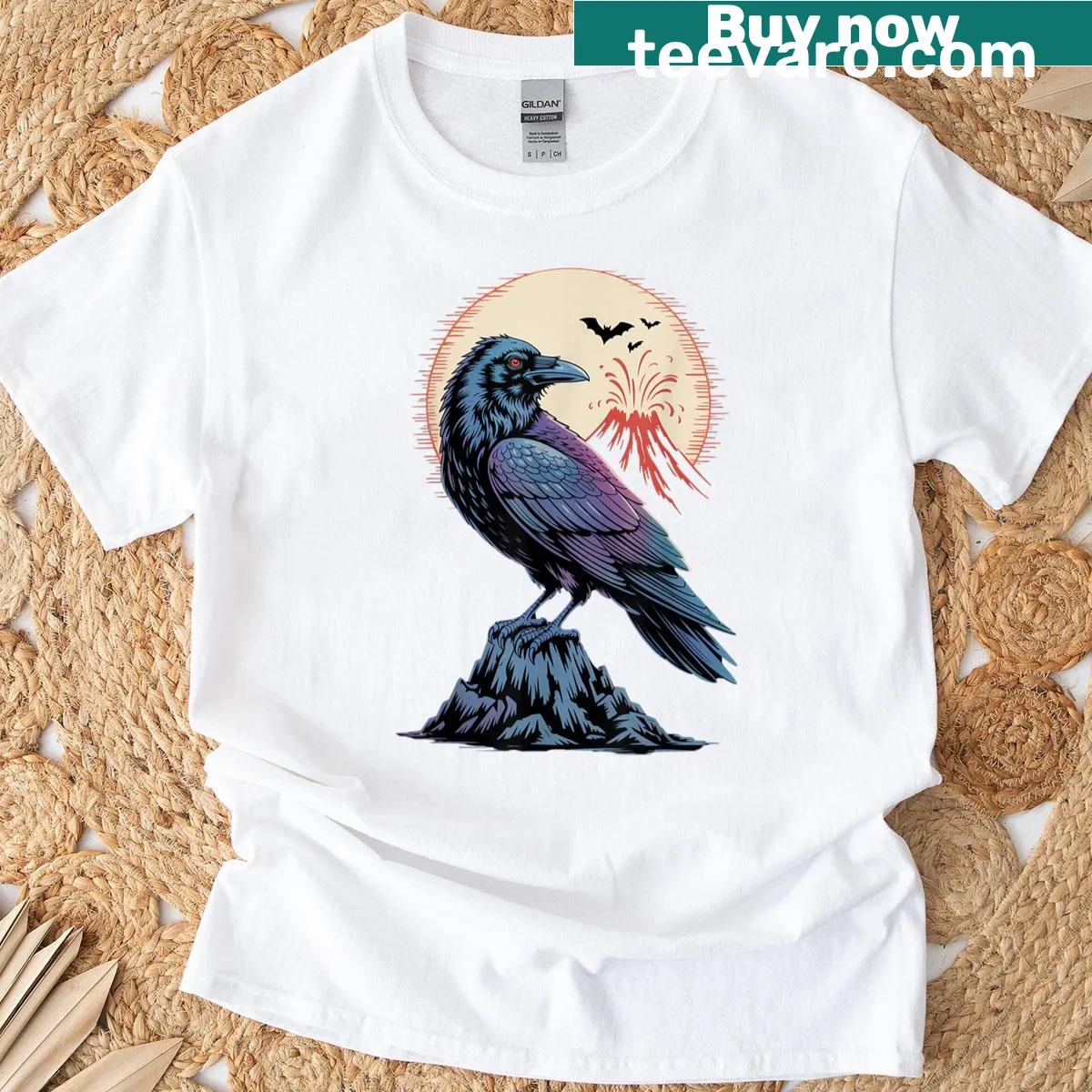Vintage t-shirt with a black raven and Mount Fuji illustration — on a men's t-shirt
