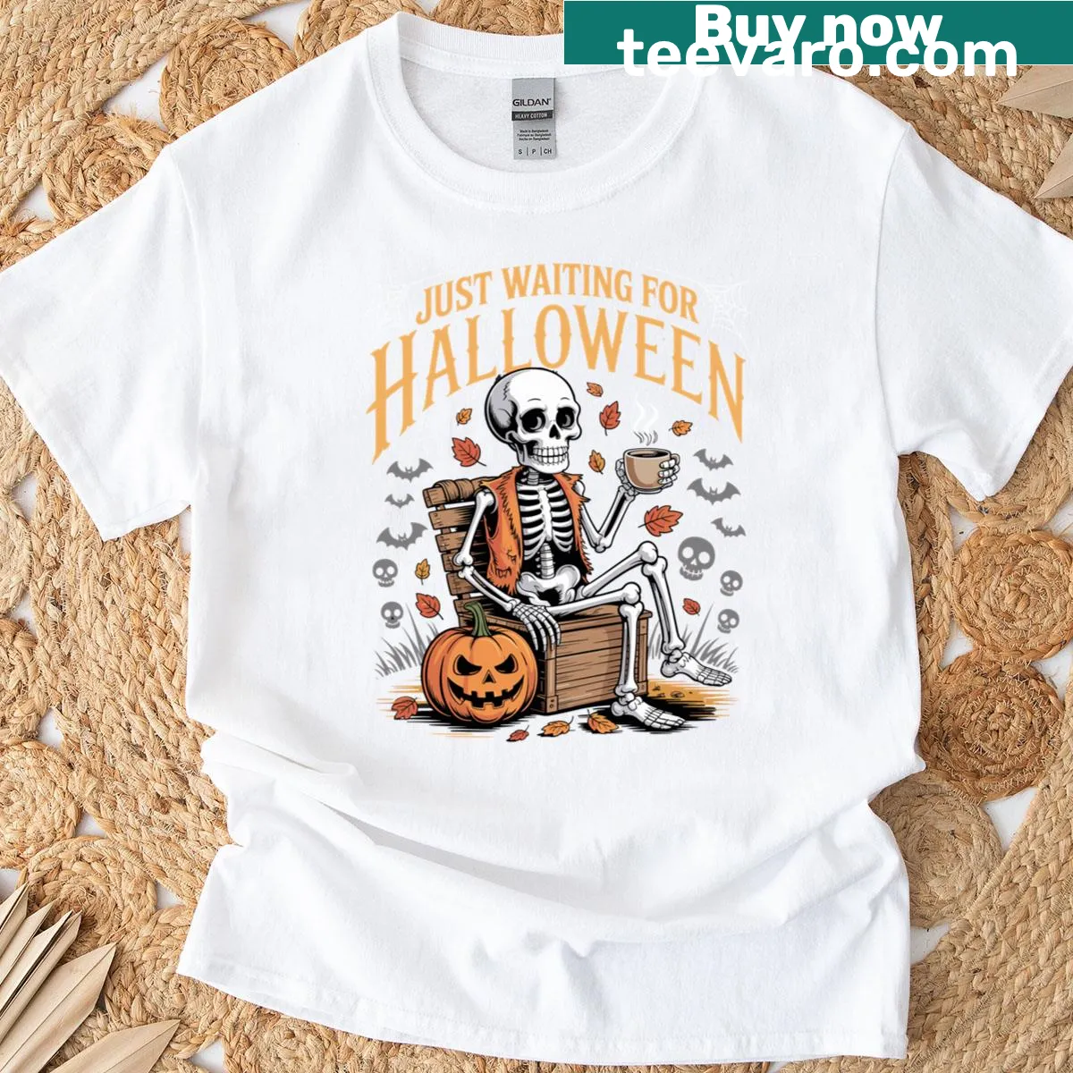 T-shirt with skeleton and text 'Just Waiting For Halloween' for spooky season — on a men's t-shirt