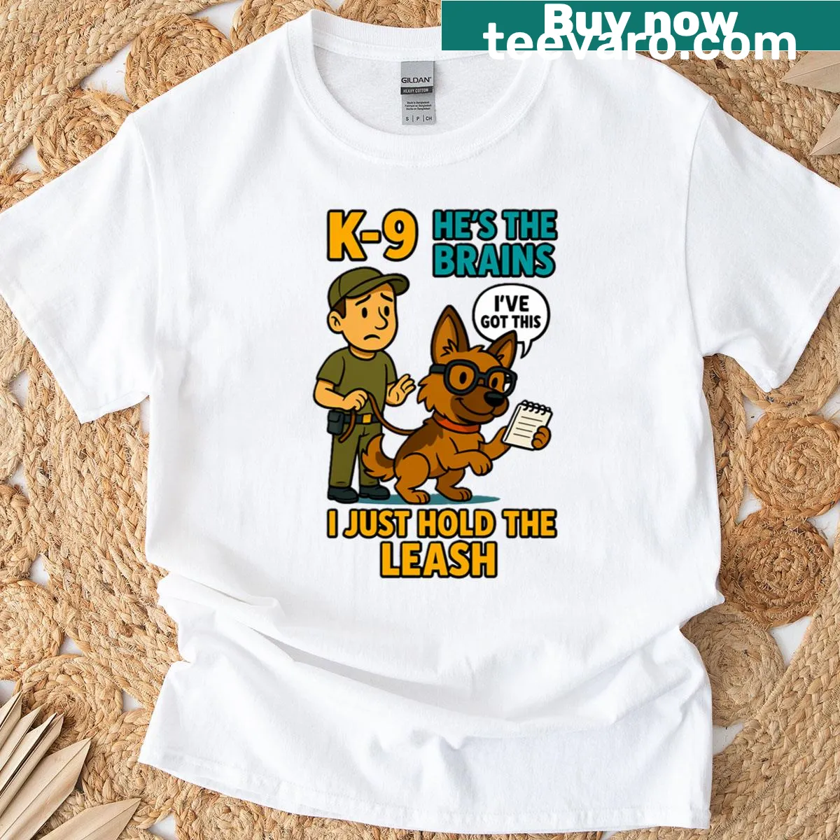 Funny dog-themed t-shirt with clever saying about being the leash holder. — on a men's t-shirt