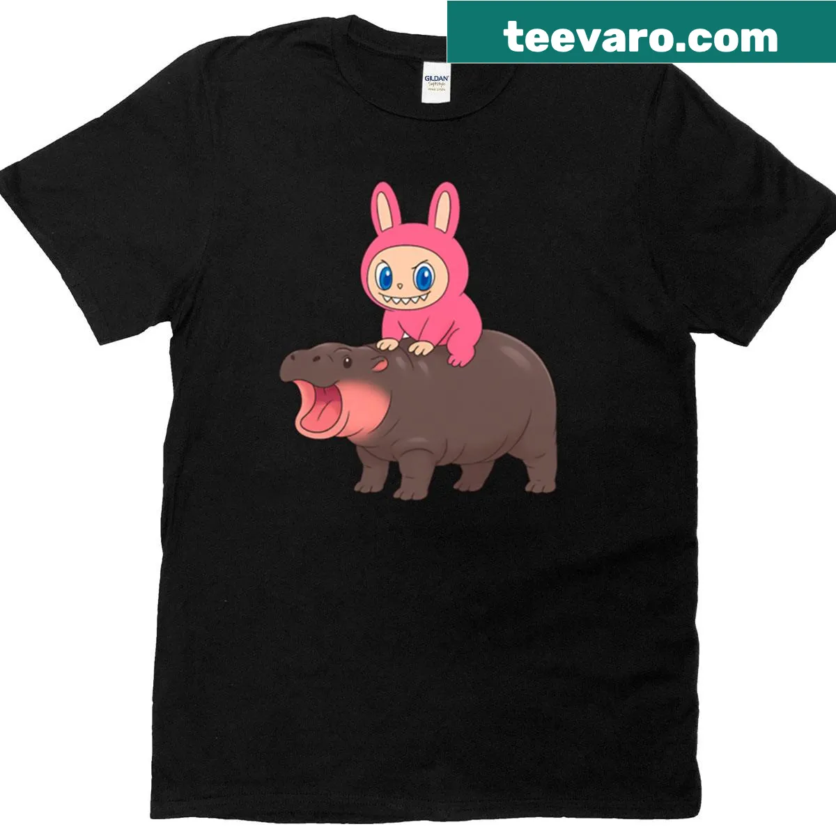 Whimsical design featuring Labubu riding Moo Deng with macarons — on a men's t-shirt