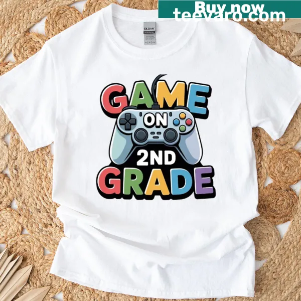 Graphic t-shirt with the phrase 'Level 2nd Grade Unlocked.'