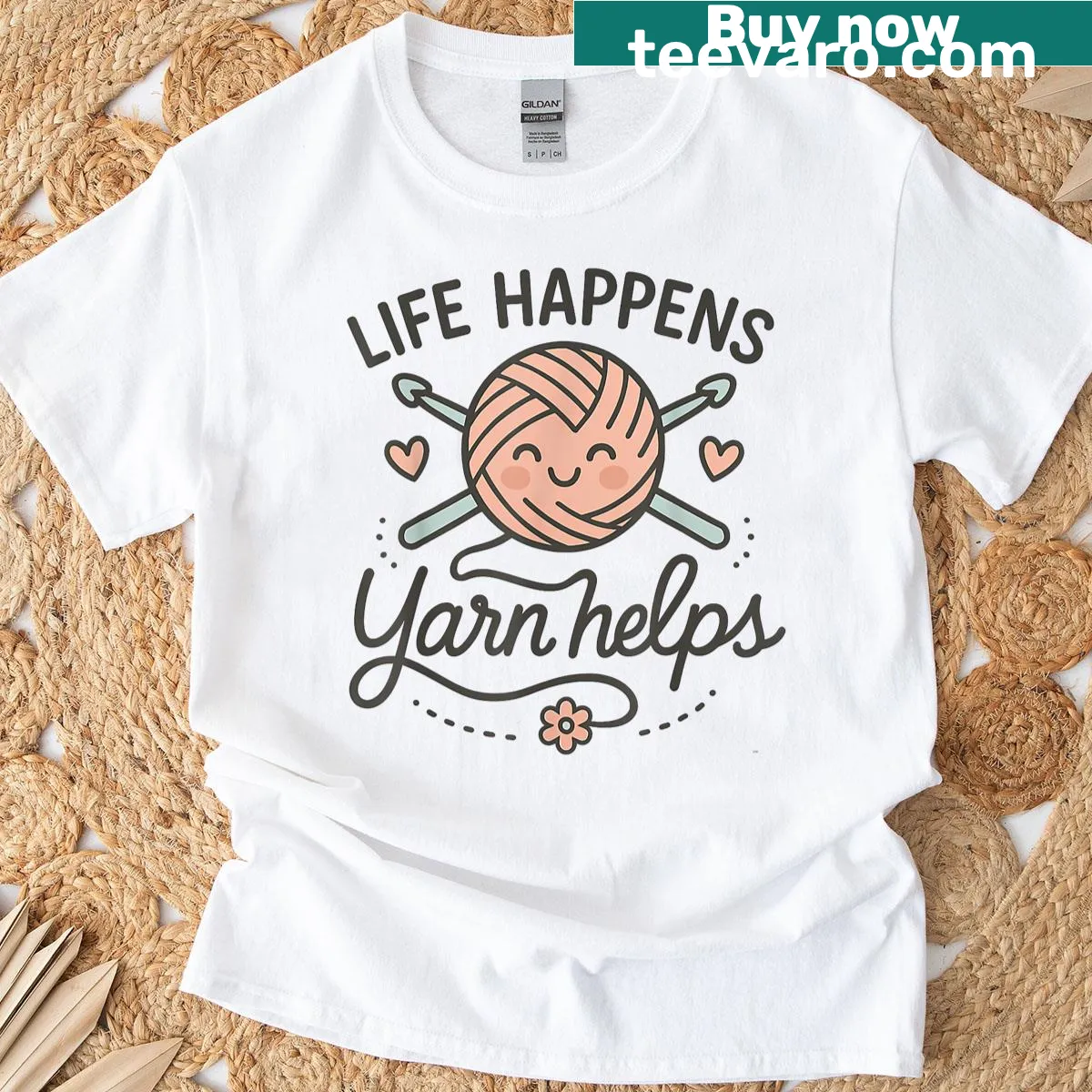 Funny knitting-themed T-shirt with yarn graphics and text — on a men's t-shirt