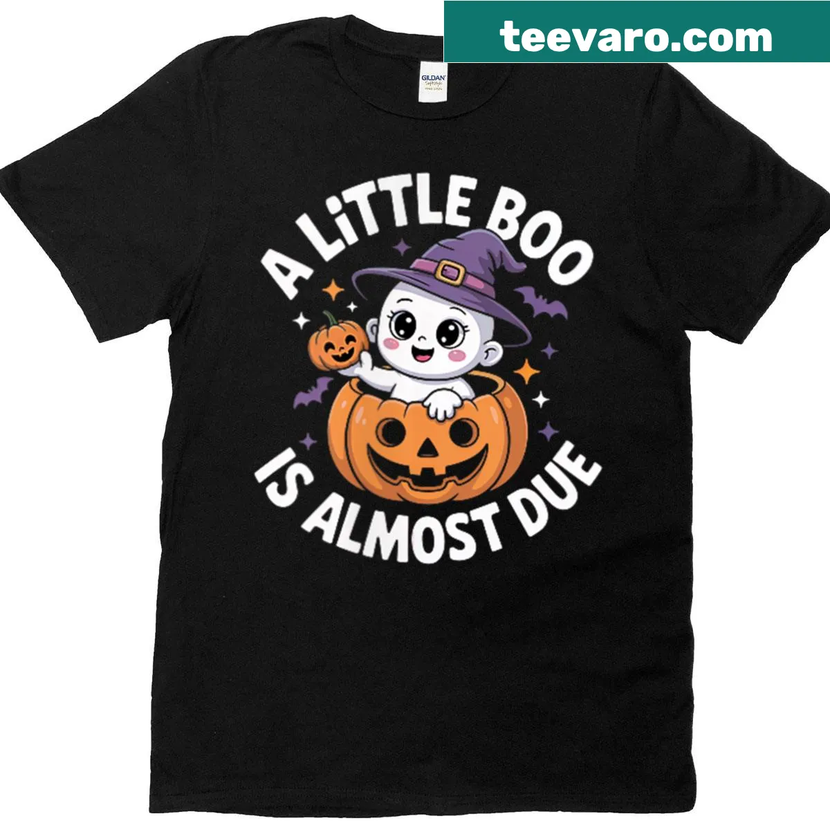 Cute Halloween pregnancy reveal t-shirt with text 'Little Boo Is Almost Due' — on a men's t-shirt
