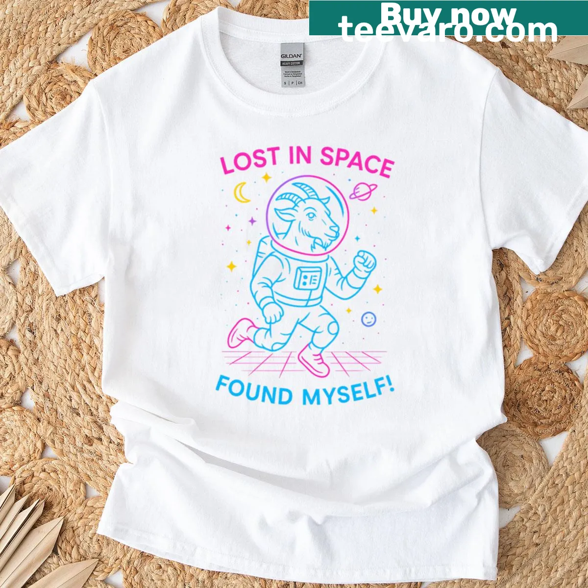 Neon goat graphic in space t-shirt with playful illustration — on a men's t-shirt