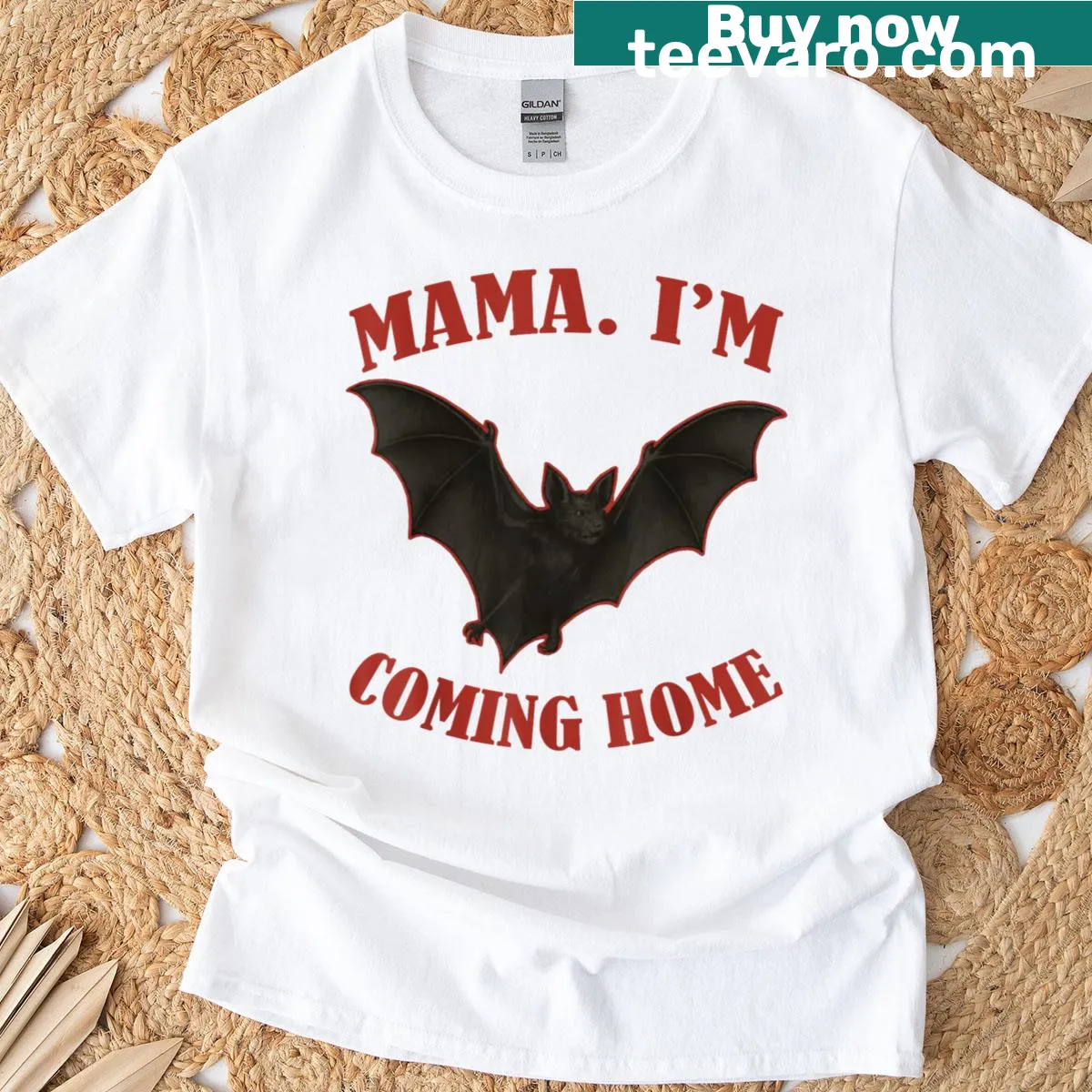 Funny cartoon bat graphic t-shirt with homecoming text — on a men's t-shirt