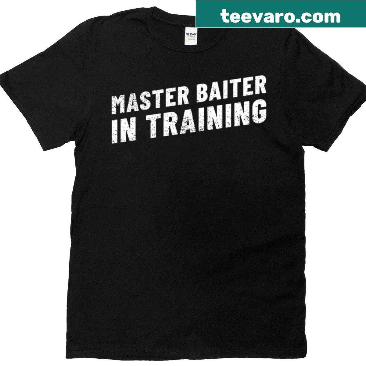 Funny T-shirt with 'Master Baiter In Training' phrase in playful typography — on a men's t-shirt