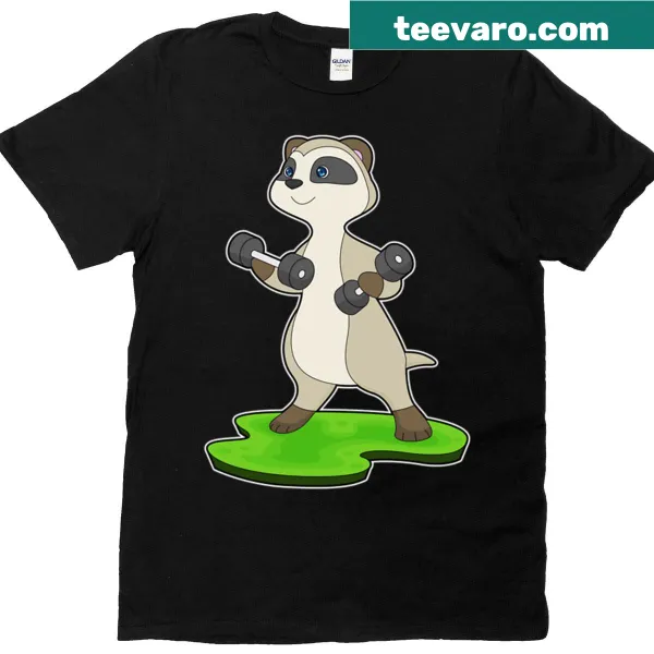Cartoon meerkat lifting dumbbells in funny bodybuilding design