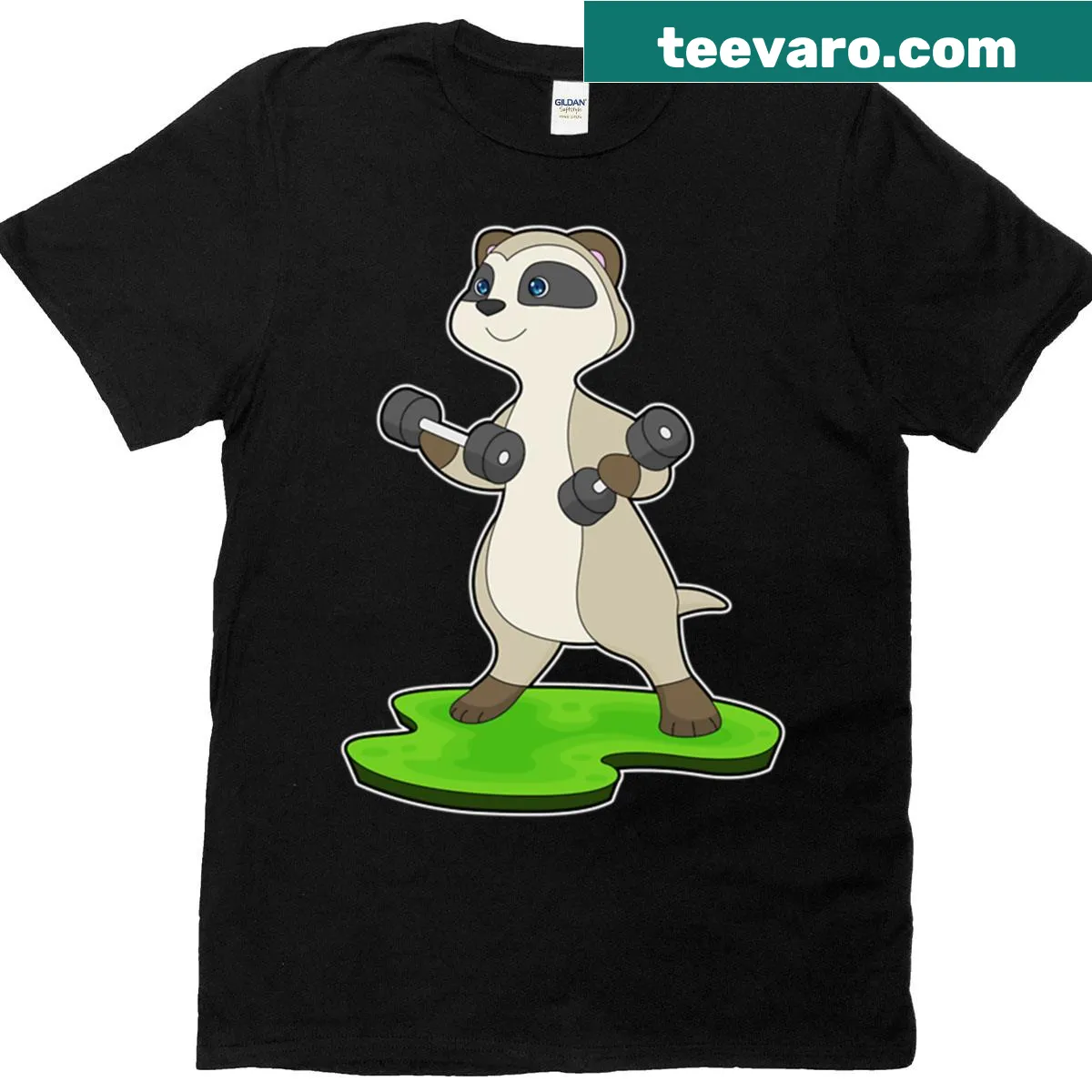 Cartoon meerkat lifting dumbbells in funny bodybuilding design — on a men's t-shirt