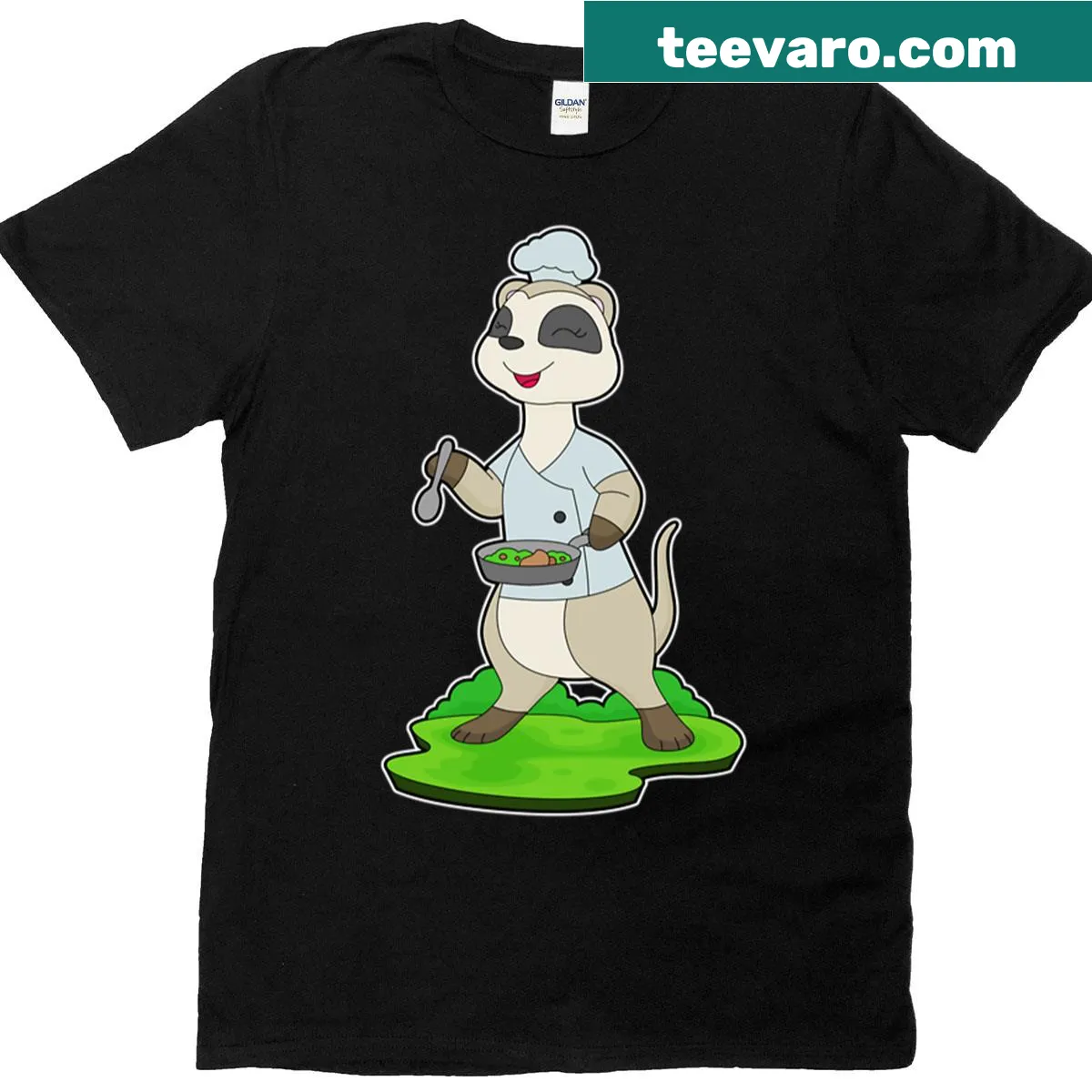 Cute T-shirt featuring a cartoon meerkat chef with a bowl — on a men's t-shirt