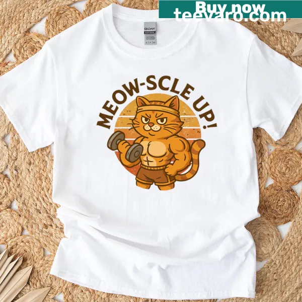 Funny buff cat gym t-shirt with 'Meow-scle Up' text