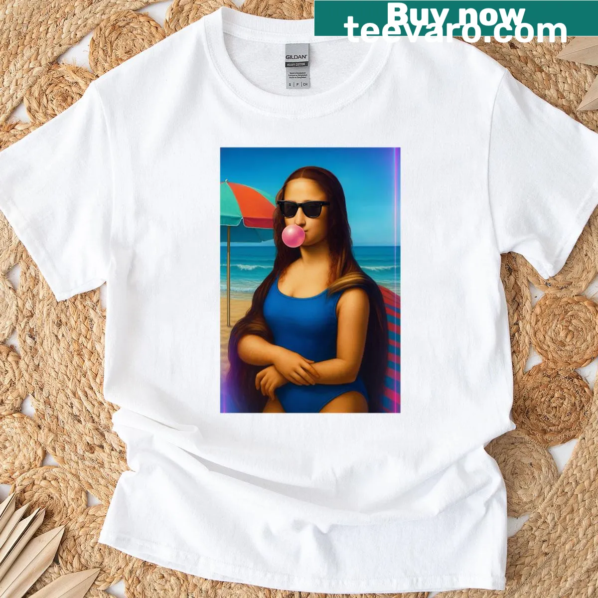 Playful Mona Lisa beach graphic t-shirt design — on a men's t-shirt