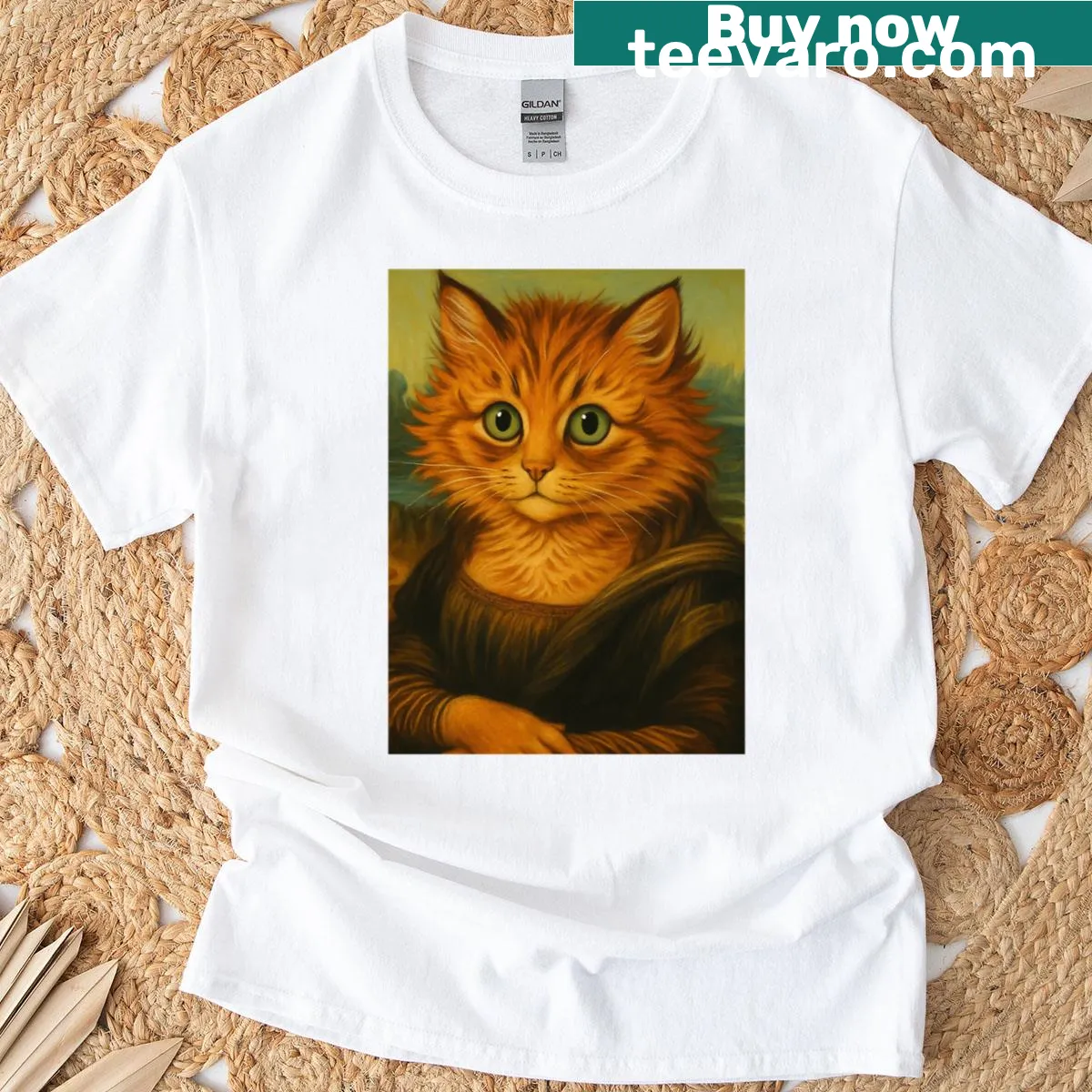 Illustrative Mona Lisa Kitty T-shirt featuring a playful cat design — on a men's t-shirt