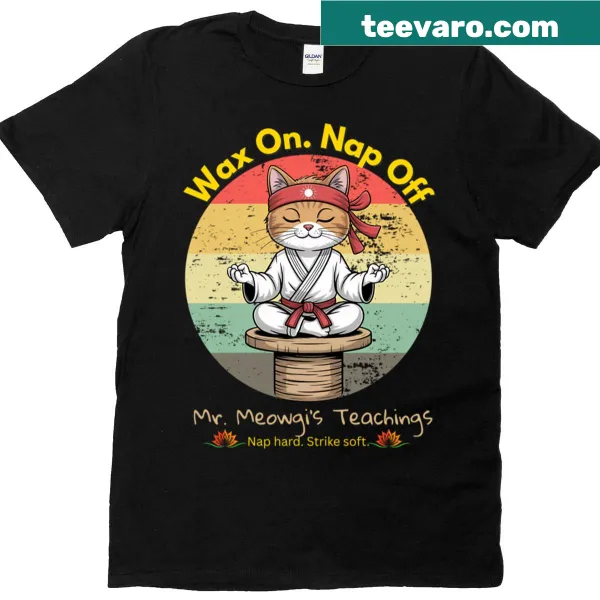 Retro Mr Meowgi cat karate parody t-shirt with humorous design