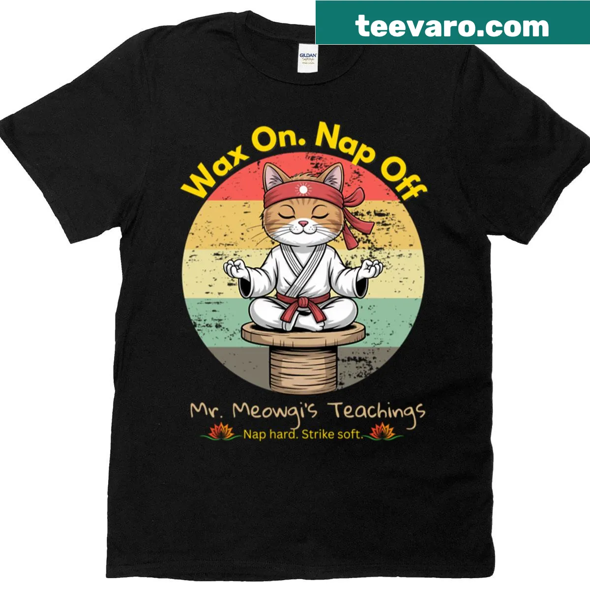 Retro Mr Meowgi cat karate parody t-shirt with humorous design — on a men's t-shirt