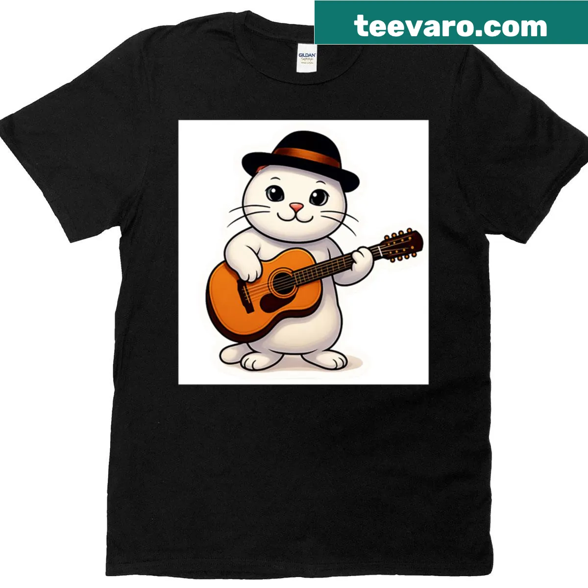 Cute cartoon cat in fedora playing guitar on t-shirt — on a men's t-shirt