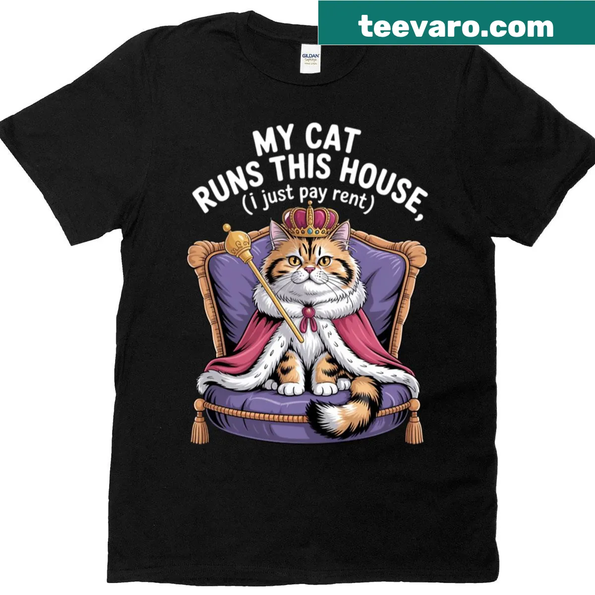 Funny pet owner t-shirt with 'My Cat Runs This House' text — on a men's t-shirt