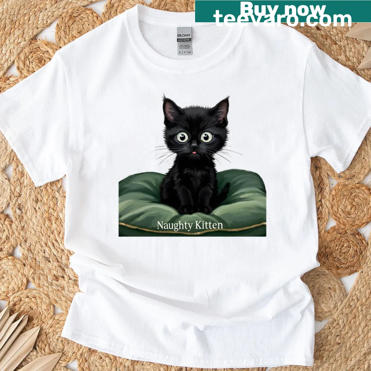 Cute graphic of a naughty black kitten on a T-shirt. — on a men's t-shirt