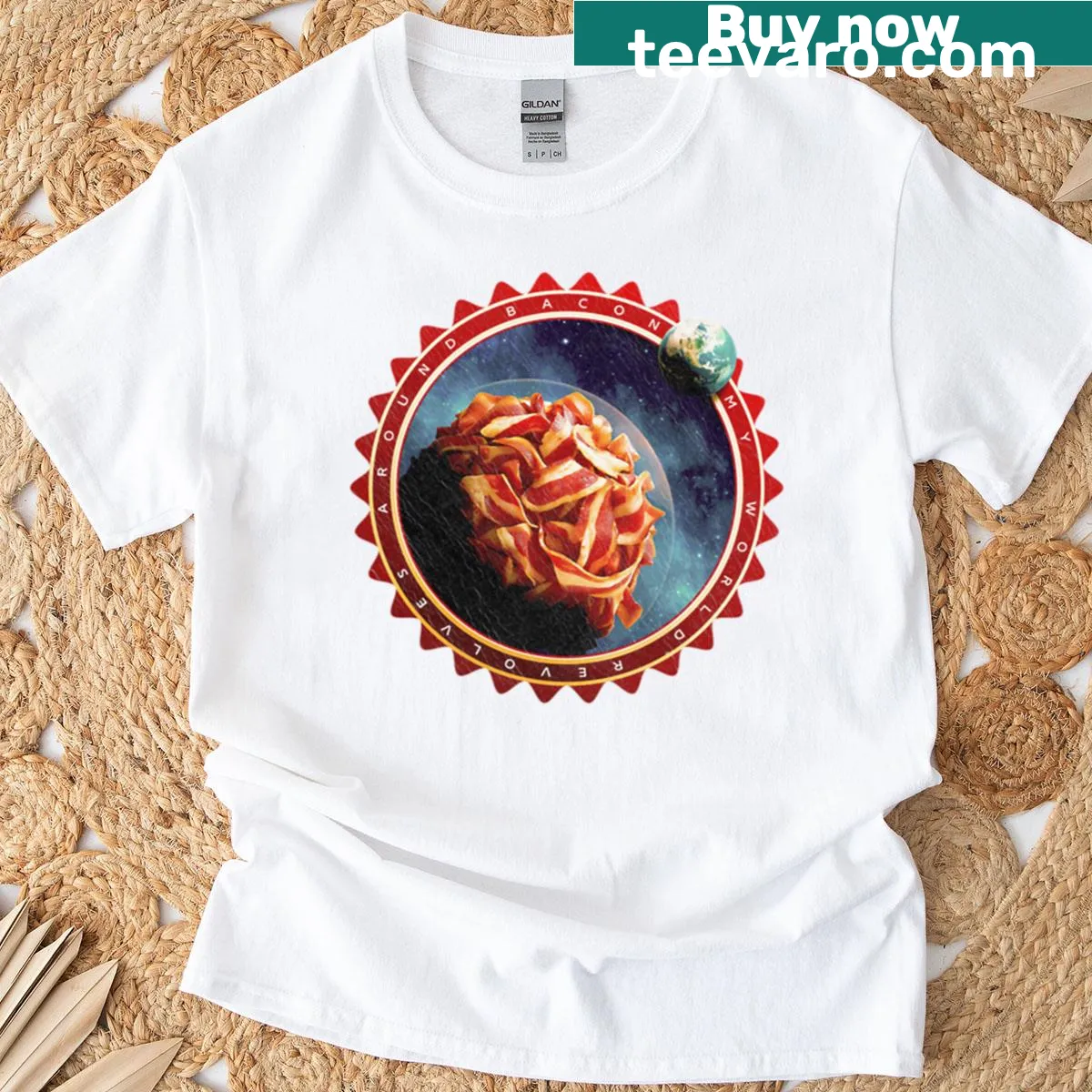 Funny bacon space food t-shirt with playful graphic — on a men's t-shirt