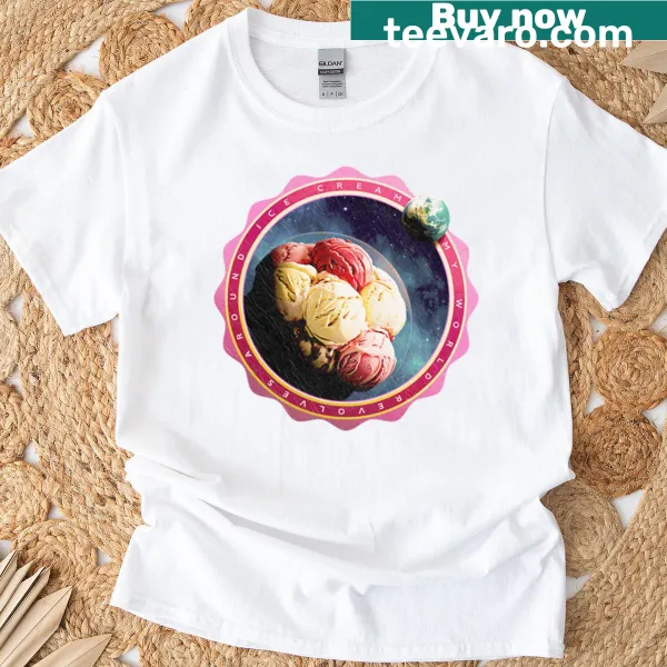 Oversized T-shirt with ice cream planet design and text.