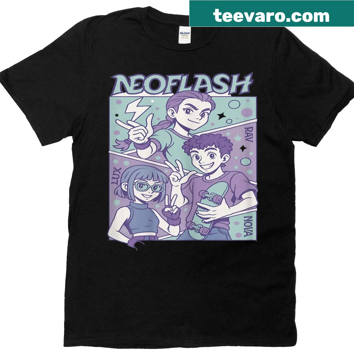 Anime-style Urban Lightning Hero graphic T-shirt — on a men's t-shirt