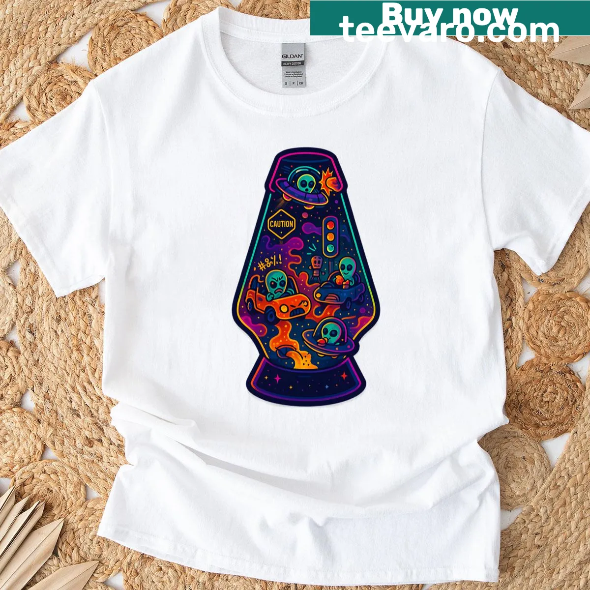 Funny T-shirt with alien and UFO cartoon design in a chaotic scene. — on a men's t-shirt