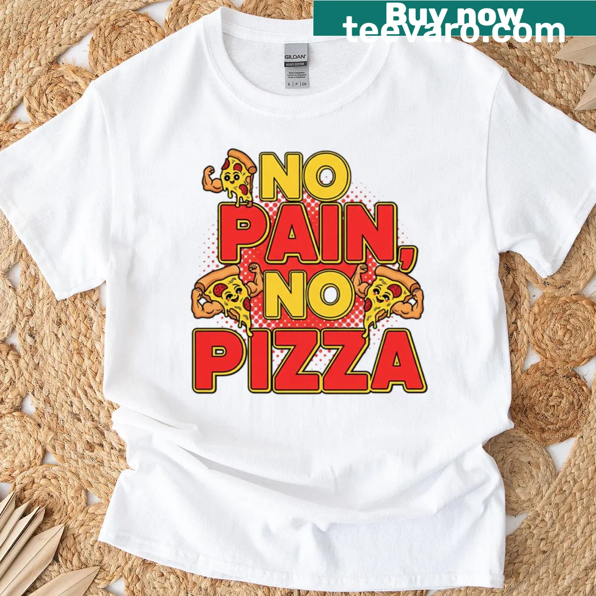 Funny gym quote T-shirt saying 'No Pain No Pizza' in bold letters — on a men's t-shirt
