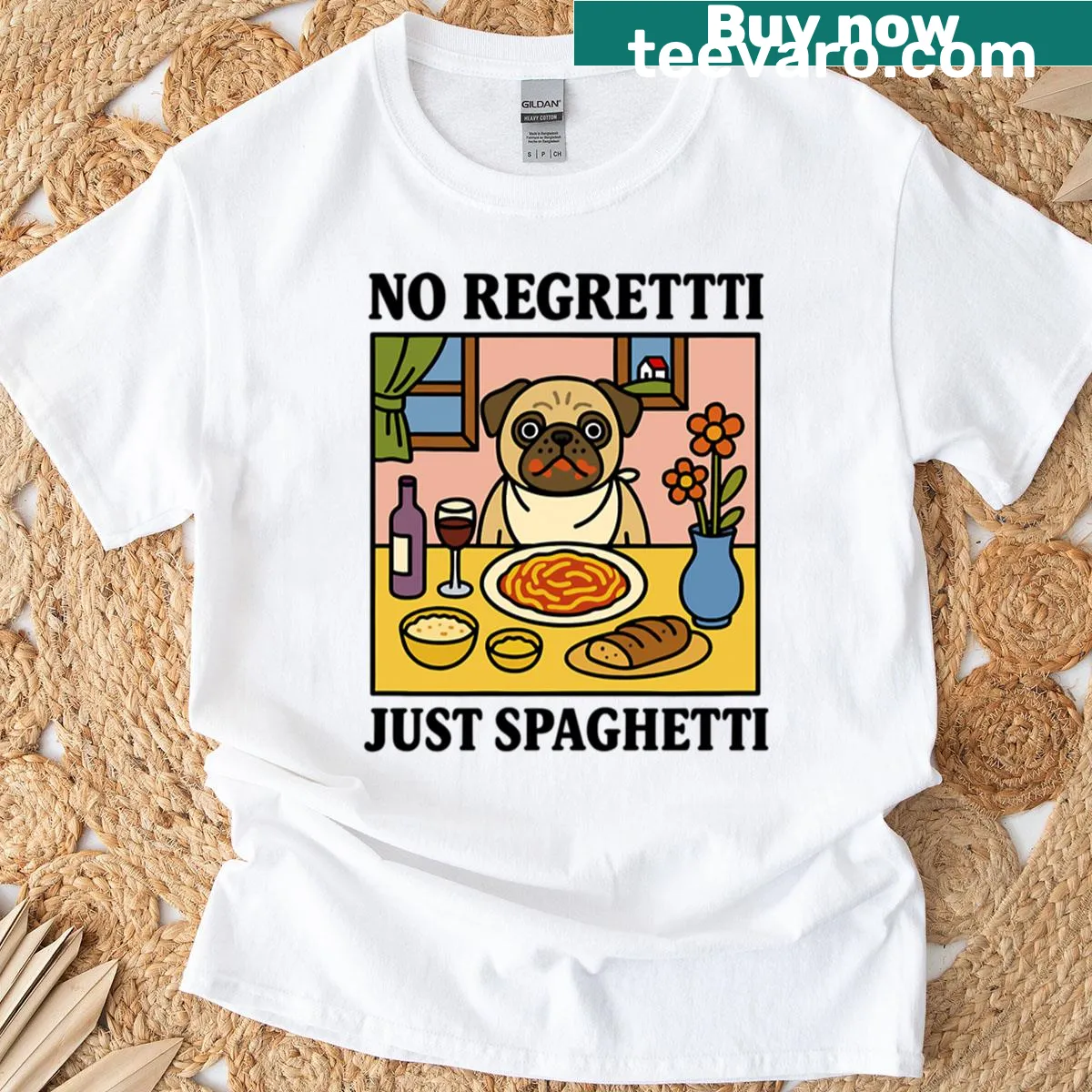 Funny spaghetti-themed T-shirt with a humorous phrase — on a men's t-shirt