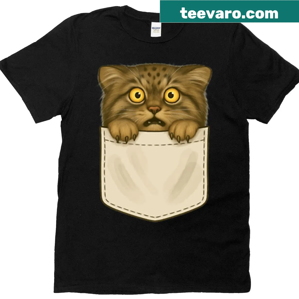 Cute cartoon graphic of a cat peeking from a pocket — on a men's t-shirt