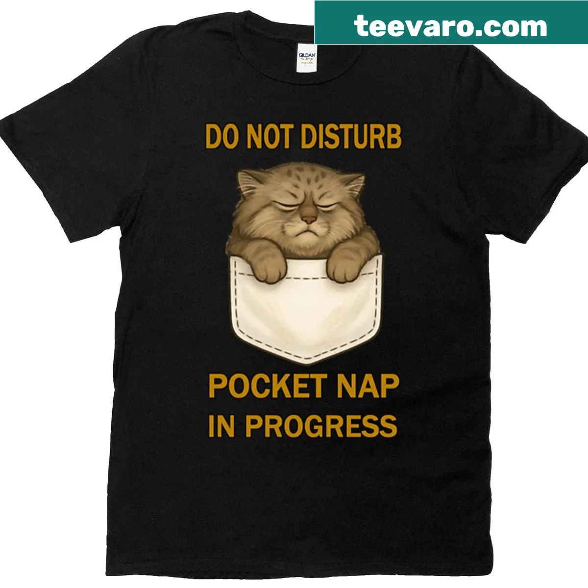 Illustration of a Pallas cat peeking out of a pocket on a t-shirt — on a men's t-shirt