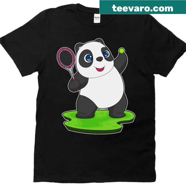 Playful panda with a tennis racket graphic t-shirt