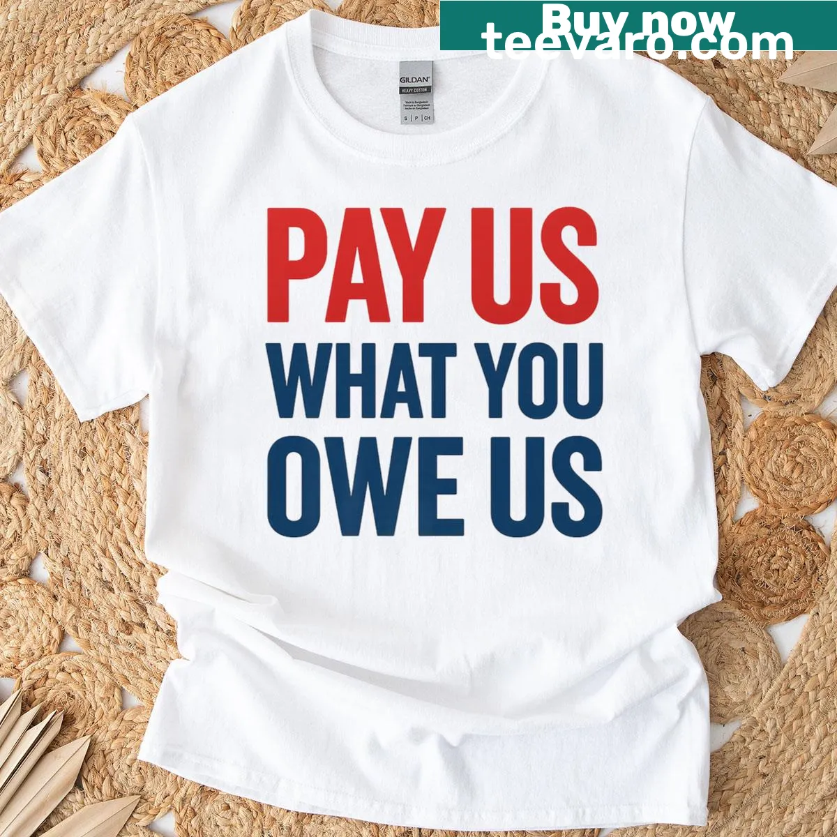Bold statement shirt with the phrase 'Pay Us What You Owe Us' — on a men's t-shirt