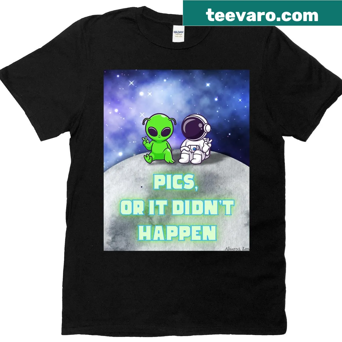 Cute alien astronauts graphic on a t-shirt with the phrase 'Pics Or It Didn't Happen' — on a men's t-shirt