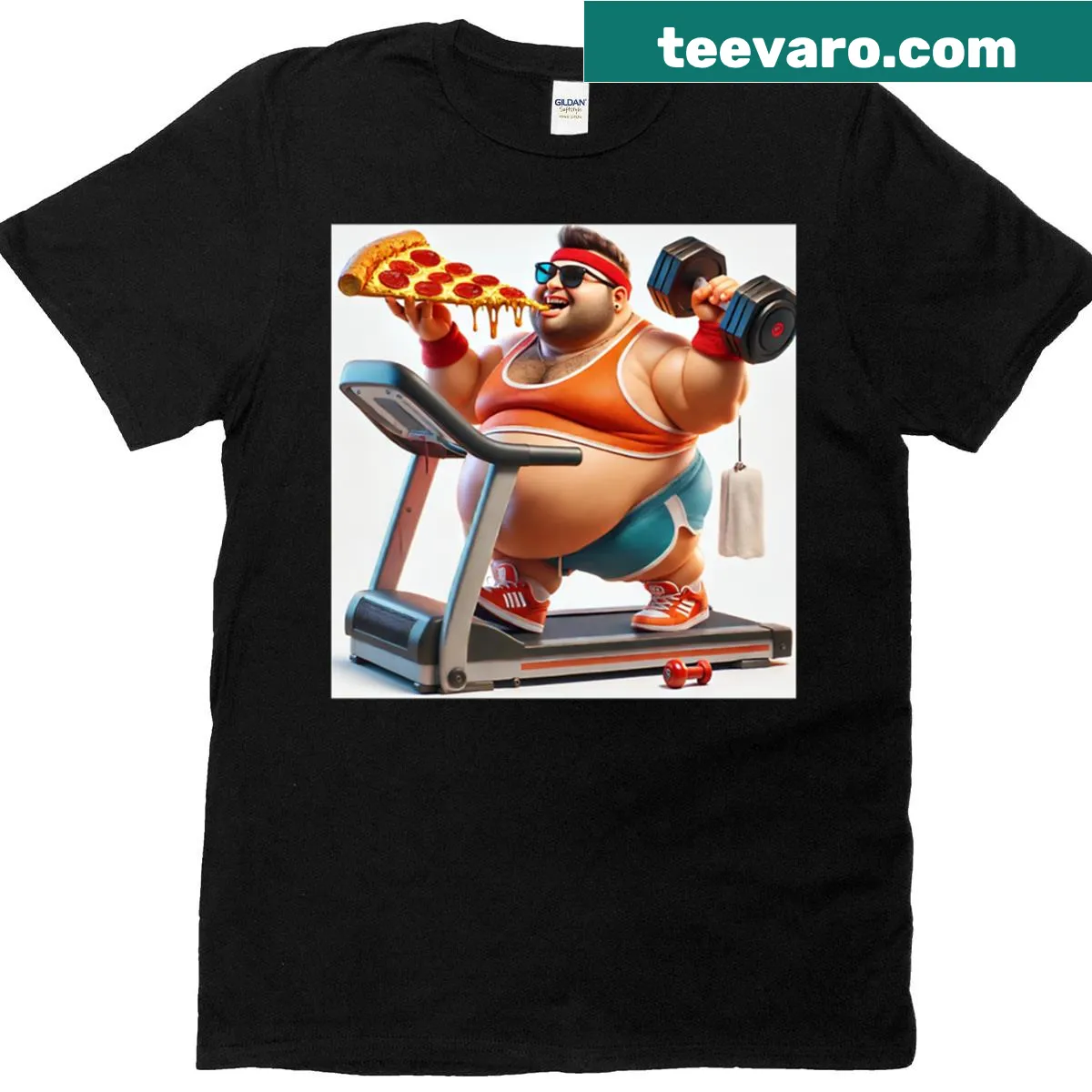 Pizza-themed humorous gym shirt with bold typography — on a men's t-shirt