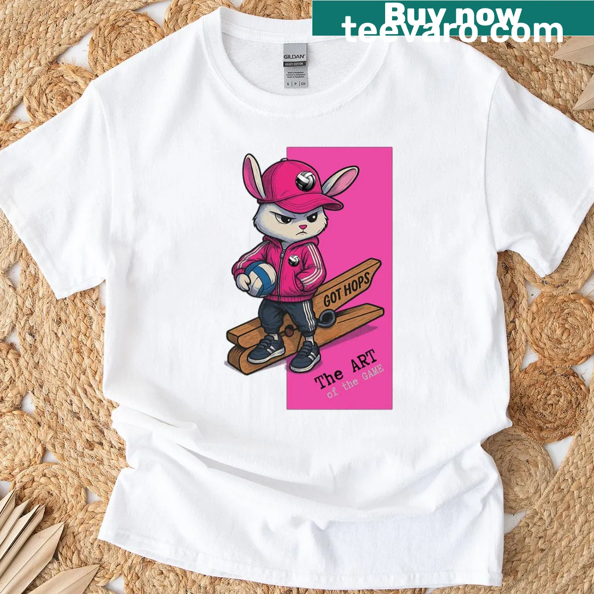Oversized t-shirt featuring funny volleyball design with rabbits — on a men's t-shirt
