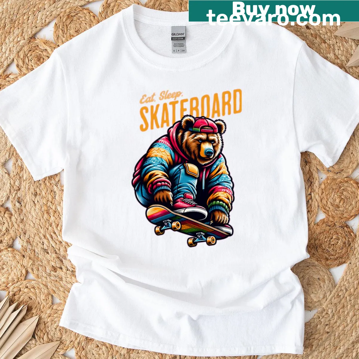 Pop Art graphic of a bear with 'Eat Sleep Skateboard' text — on a men's t-shirt