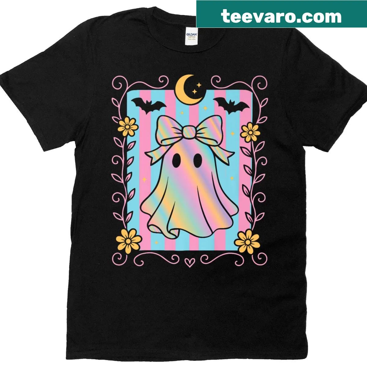 Cute cartoon ghost with bow graphic T-shirt for Halloween — on a men's t-shirt