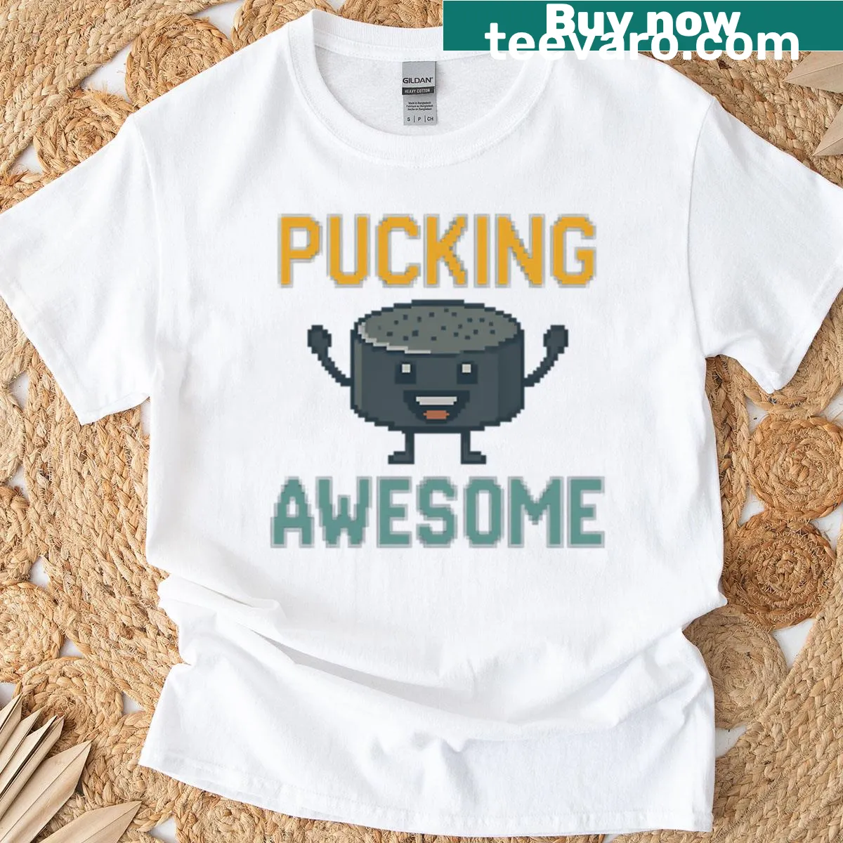Funny hockey t-shirt with pixel art graphic — on a men's t-shirt