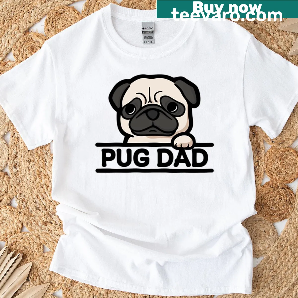 Cute pug design with humorous text for pug dads — on a men's t-shirt