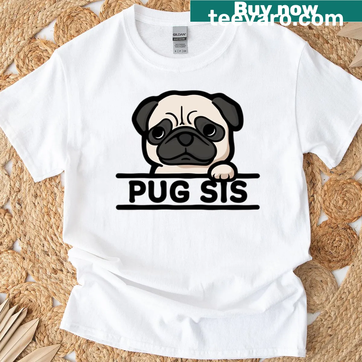 Oversized t-shirt for pug sisters with vintage pug graphic and text — on a men's t-shirt