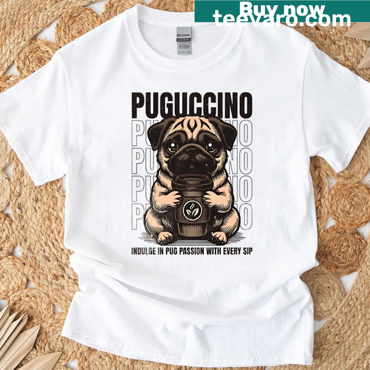 Cute pug with coffee cup design on a coffee lover's T-shirt — on a men's t-shirt