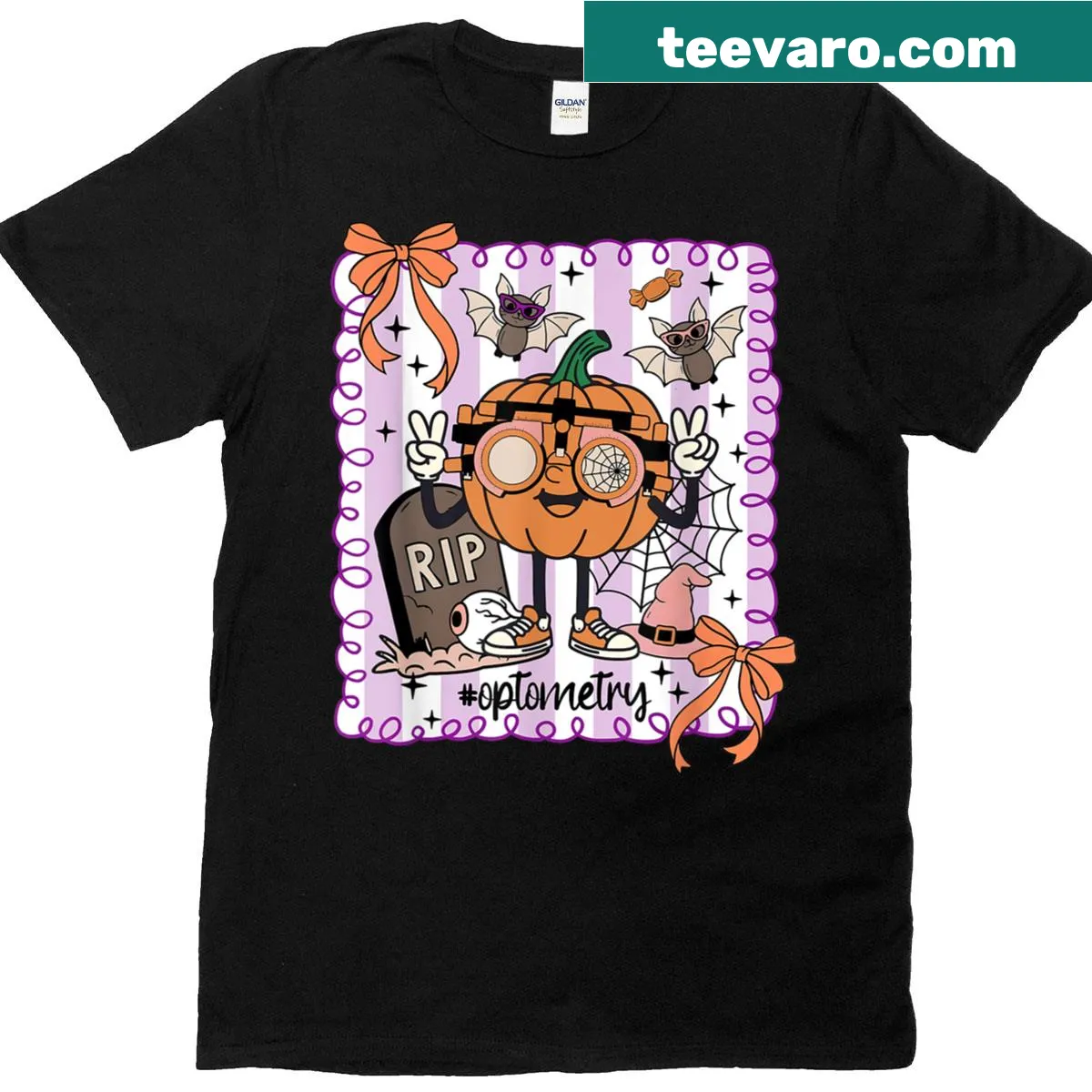 Whimsical t-shirt for optometrists with Halloween and pumpkin theme — on a men's t-shirt