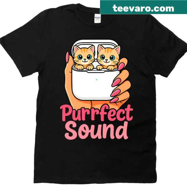 Funny T-shirt with cats in earbuds enjoying music
