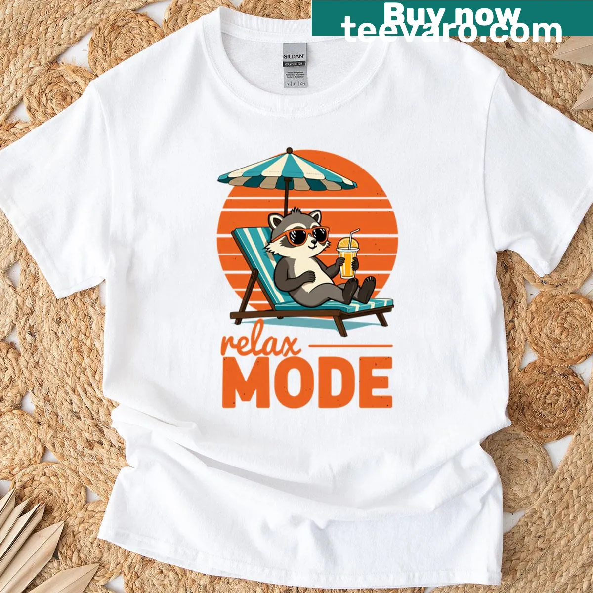 Cartoon T-shirt featuring a raccoon on vacation at the beach — on a men's t-shirt