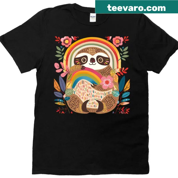Cute cartoon sloth surrounded by flowers on a t-shirt