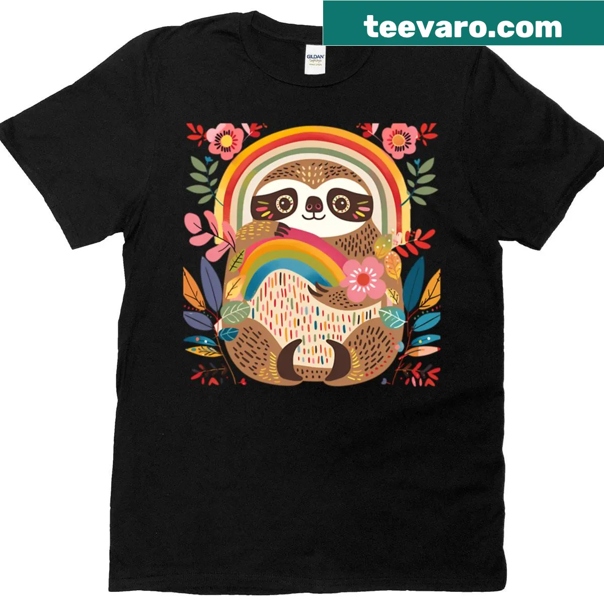 Cute cartoon sloth surrounded by flowers on a t-shirt — on a men's t-shirt