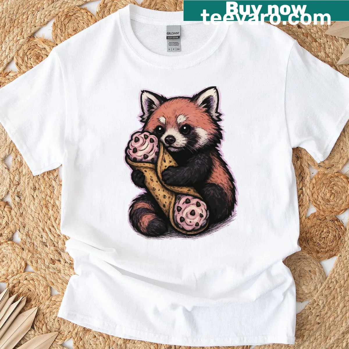 Adorable red panda graphic enjoying a cannoli on a pastel goth T-shirt — on a men's t-shirt