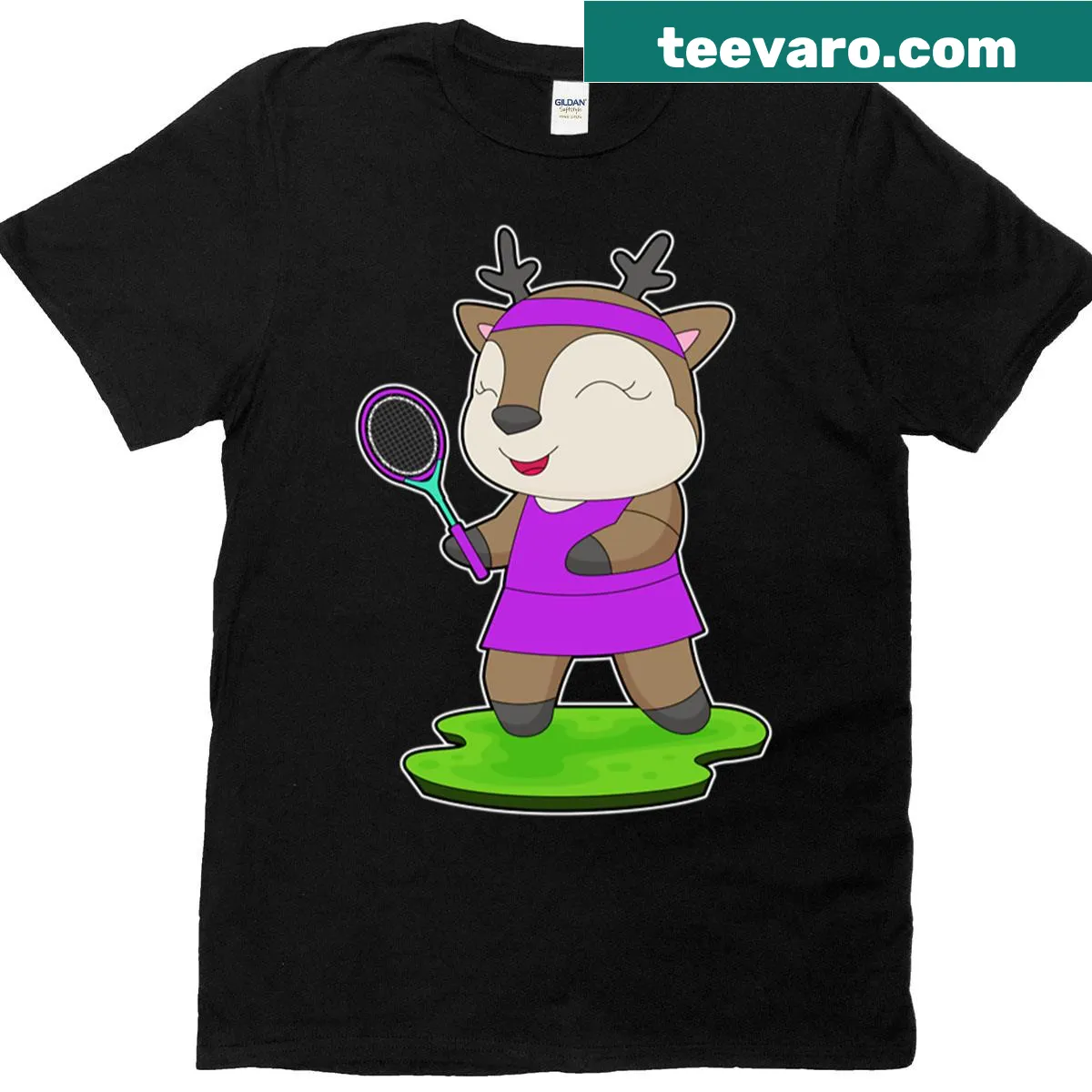 Reindeer playing tennis with a racket graphic — on a men's t-shirt